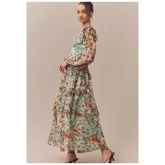BHLDN Anthropologie Floral Chiffon Plunge Long-Sleeve Ruffle Maxi Dress Large - Picture 3 of 15